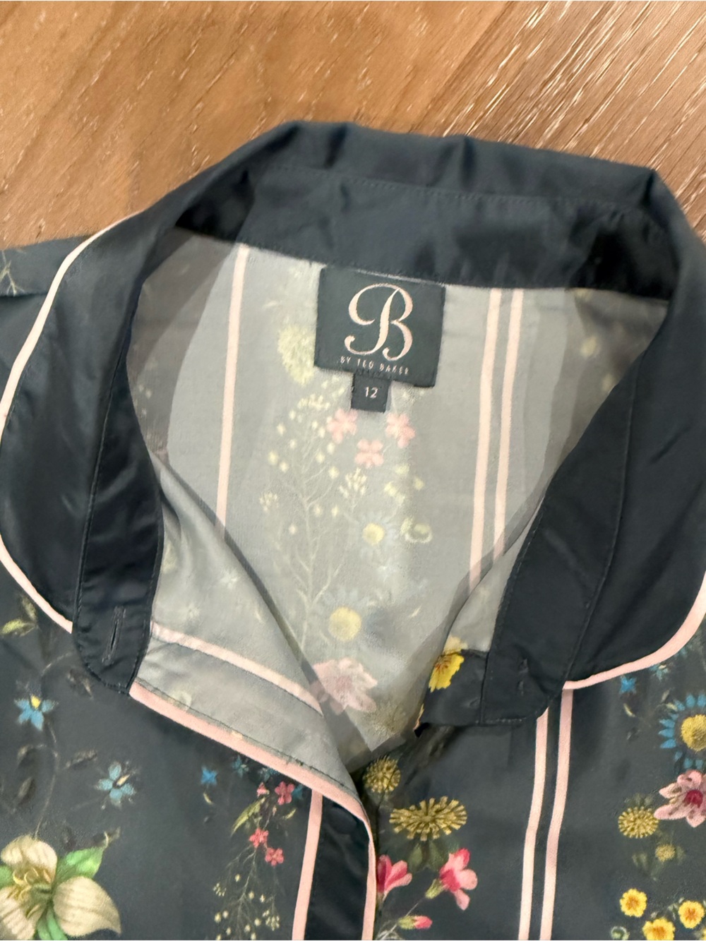 Ted Baker London Green Floral Stripe Satin Pajama Set with Piping Button-Up - Picture 3 of 13